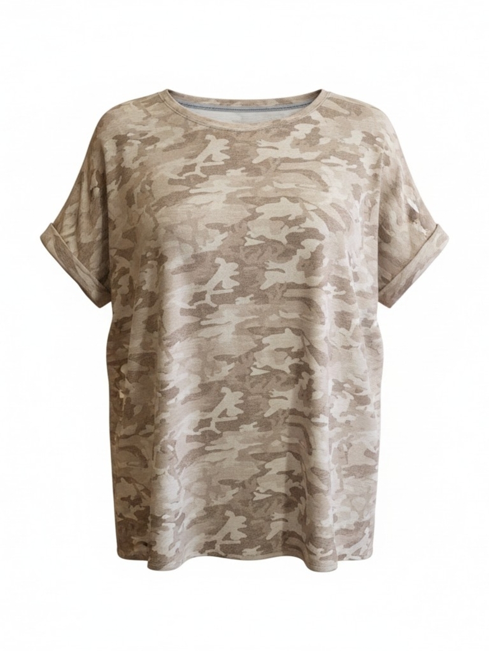 Wonderly Studio Women's Top Size XL Short Sleeve Camo Print Brown&Cream Pullover